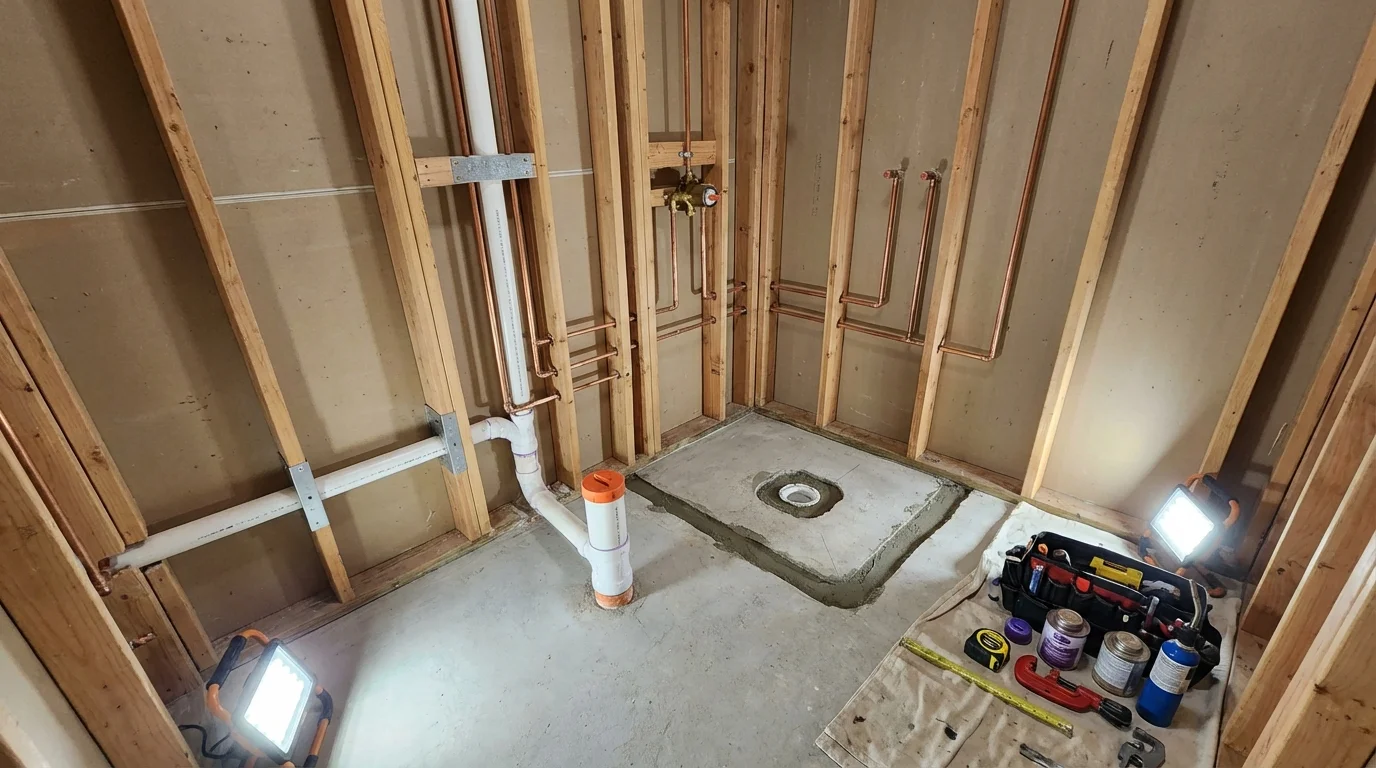 Bathroom rough-in plumbing during remodel by Johns Plumbing LLC in Scarborough