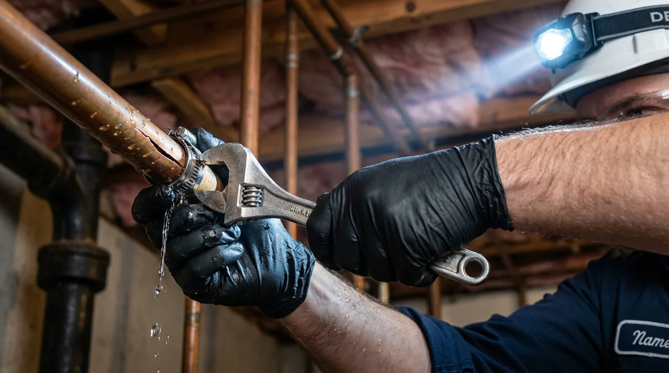 Emergency pipe clamp repair being performed by a Johns Plumbing LLC plumber in Scarborough