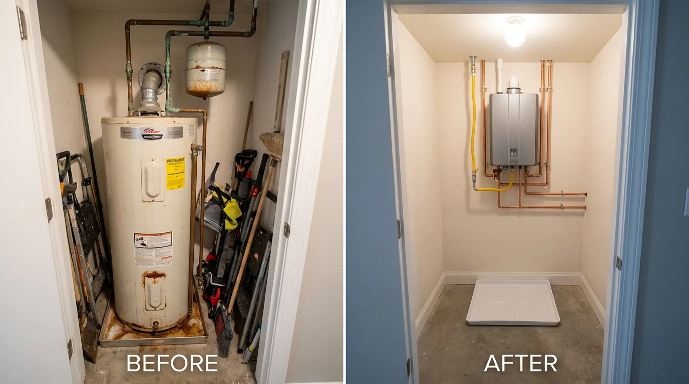 Tank water heater versus wall-mounted tankless unit comparison for Scarborough, ME homeowners