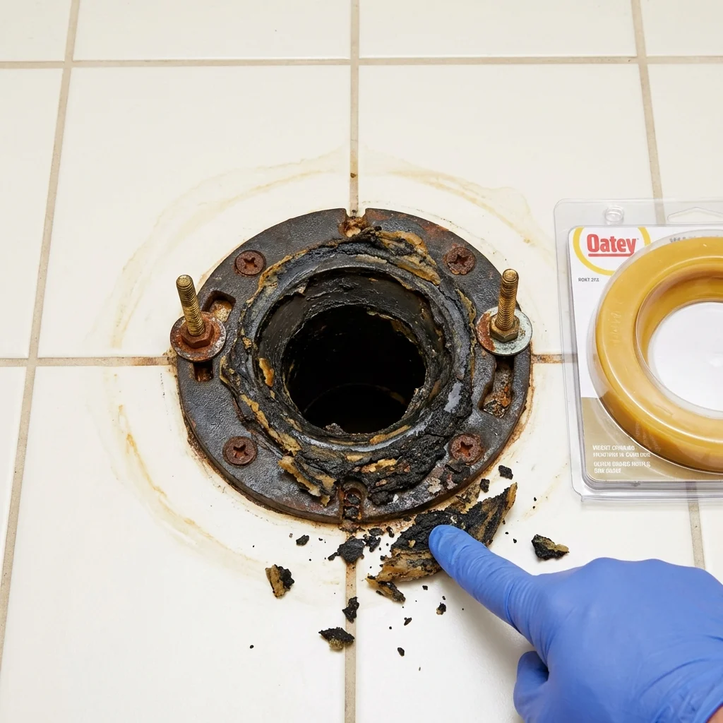 Failed wax ring showing water seepage at the base of a toilet in a Scarborough, ME home