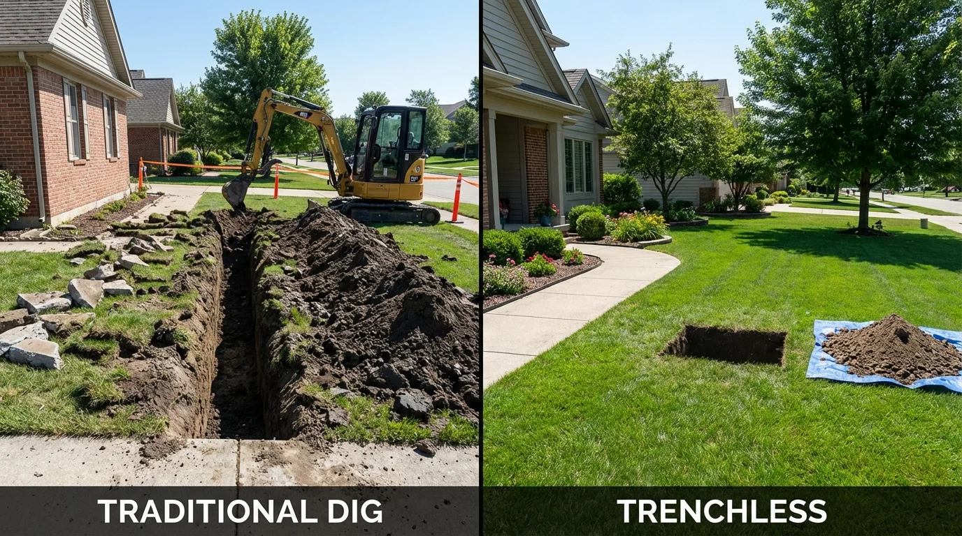 Trenchless sewer repair with minimal yard damage versus traditional excavation in Scarborough, ME