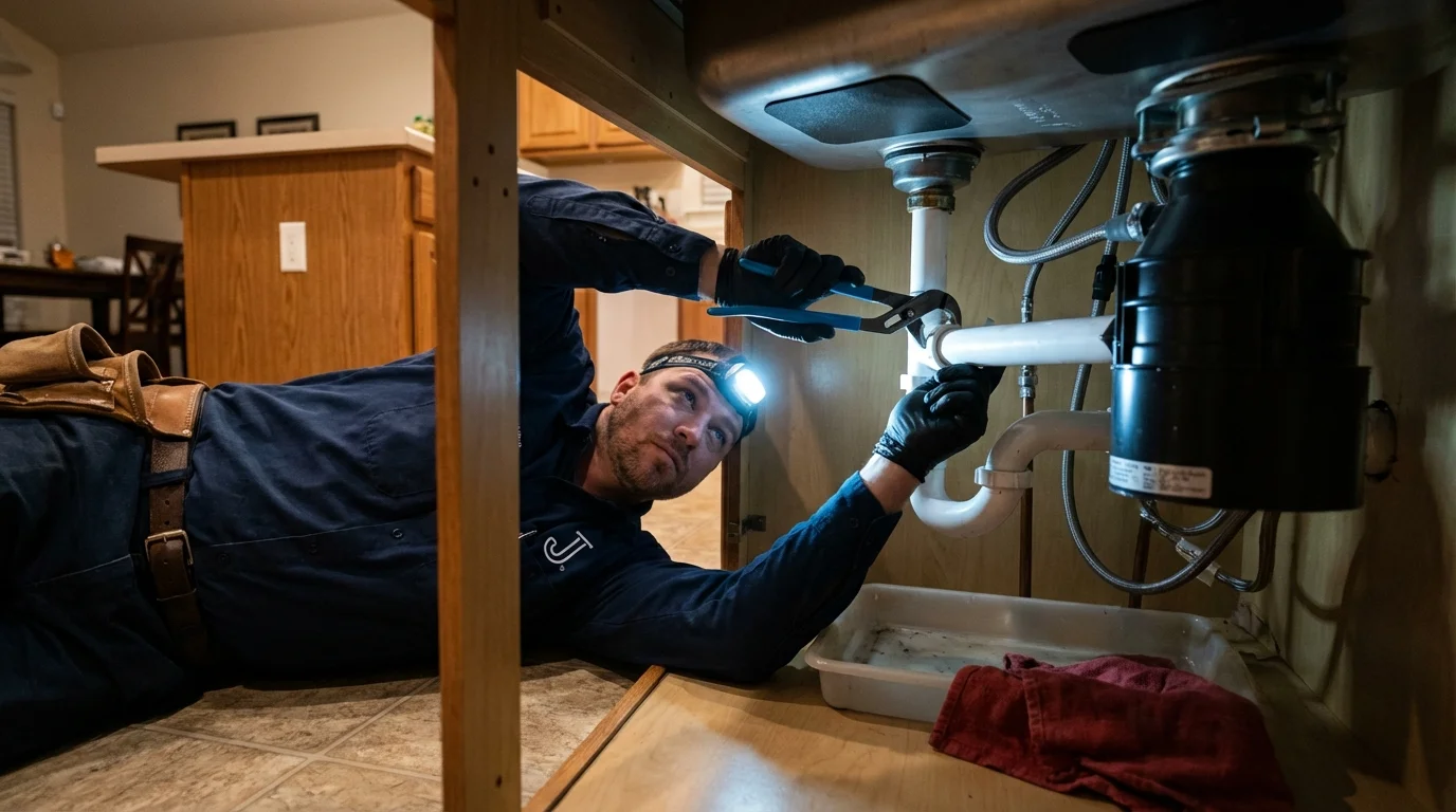 P-trap and supply line connections under a kitchen sink showing a common leak point in Scarborough, ME